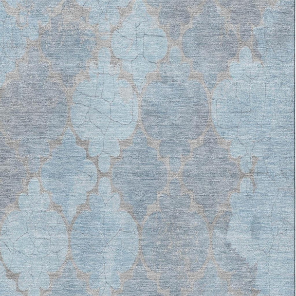 8' X 10' Denim Blue And Beige Damask Washable Area Rug With UV Protection