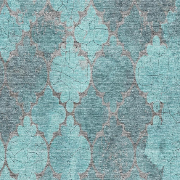 3' X 5' Teal And Taupe Damask Washable Area Rug With UV Protection