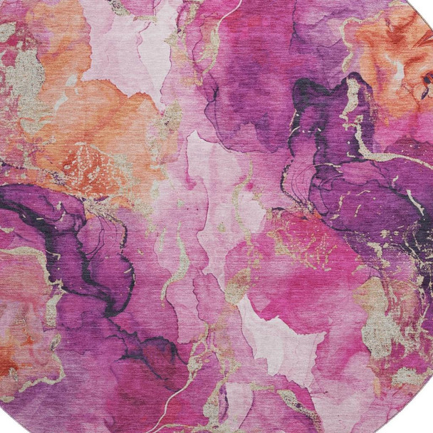 8' Burgundy And Salmon Abstract Washable Round Rug With UV Protection