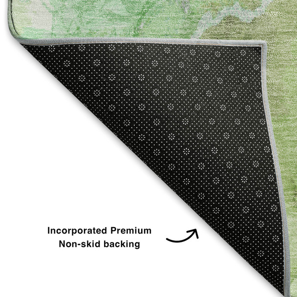8' Green And Charcoal Abstract Washable Round Rug With UV Protection