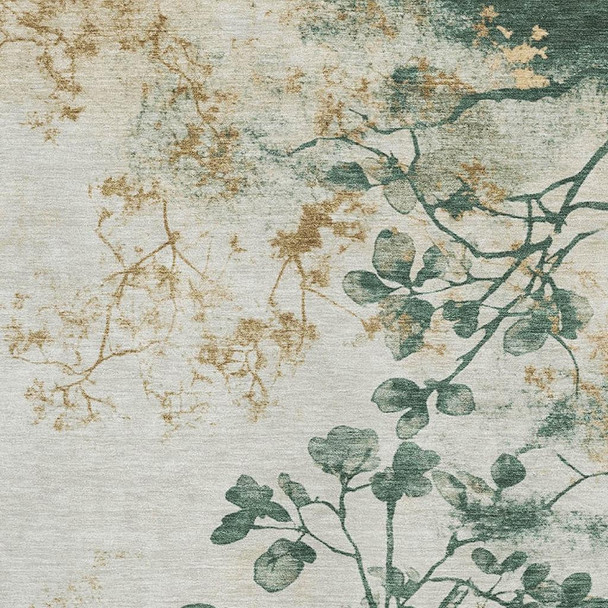 8' X 10' Emerald Ivory And Gold Floral Washable Area Rug With UV Protection
