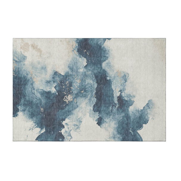 3' X 5' Navy Blue And Ivory Abstract Washable Area Rug With UV Protection
