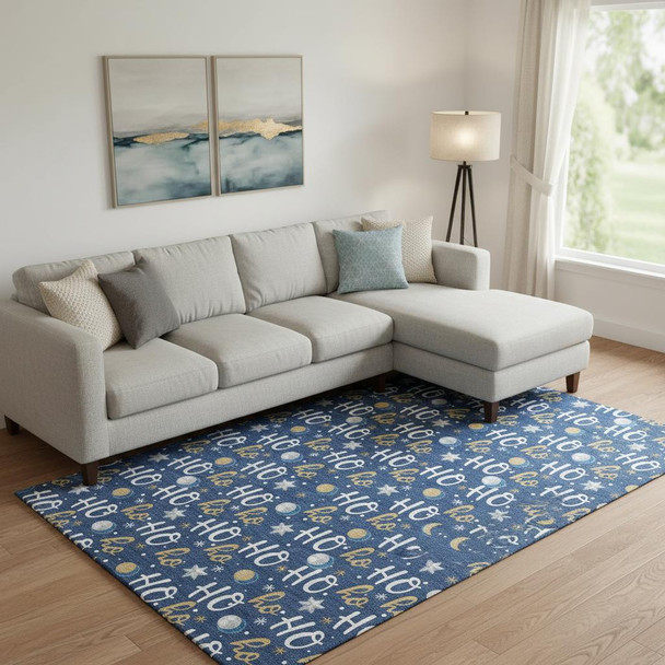 10' X 14' Navy Blue White And Gold Polka Dot Washable Area Rug With UV Protection
