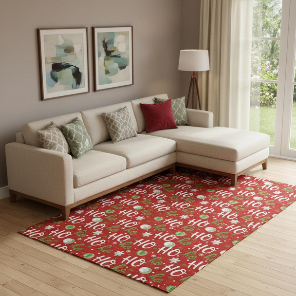 9' X 12' Red White And Green Polka Dot Washable Area Rug With UV Protection