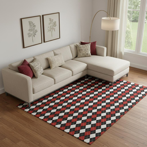 9' X 12' Black Red And White Geometric Washable Area Rug With UV Protection
