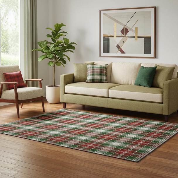 5' X 8' Emerald Red And Green Abstract Geometric Washable Area Rug With UV Protection