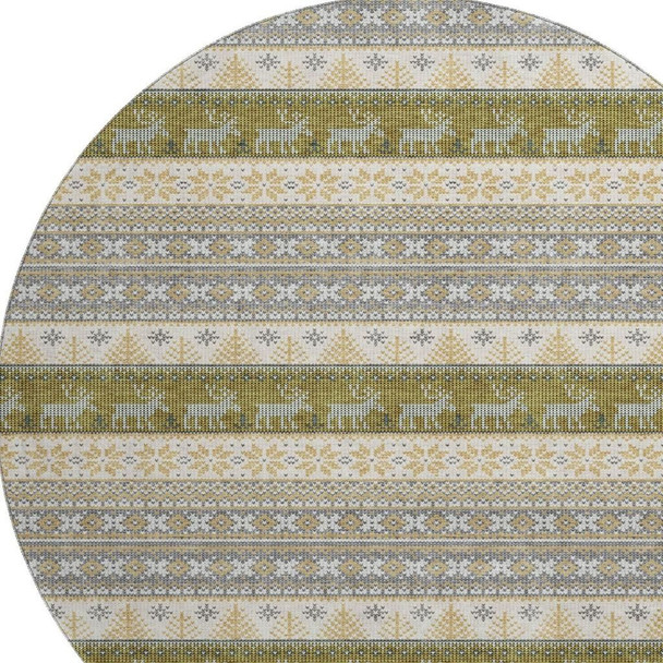8' Gray Ivory And Gold Abstract Geometric Washable Round Rug With UV Protection