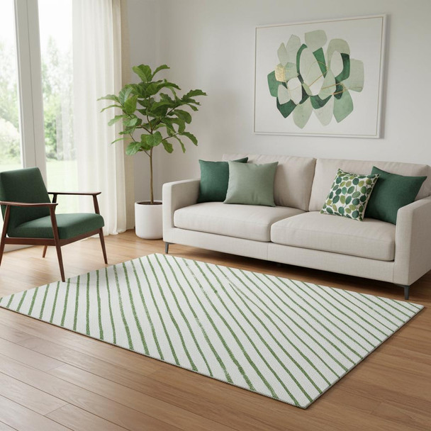 5' X 8' Green And Ivory Abstract Geometric Washable Area Rug With UV Protection