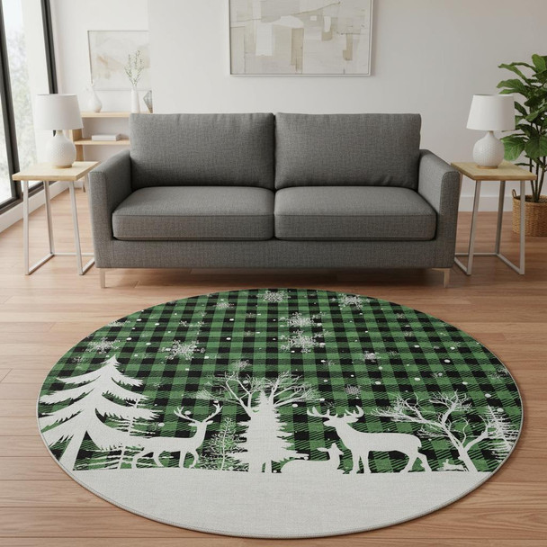 8' Green Black And Ivory Gingham Washable Round Rug With UV Protection