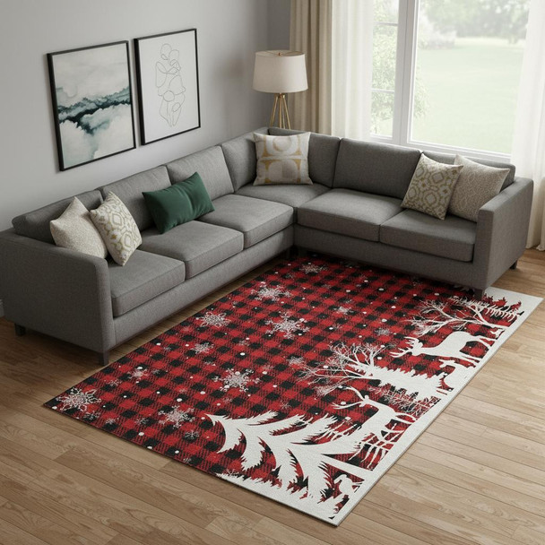 10' X 14' Red Black And Ivory Gingham Washable Area Rug With UV Protection
