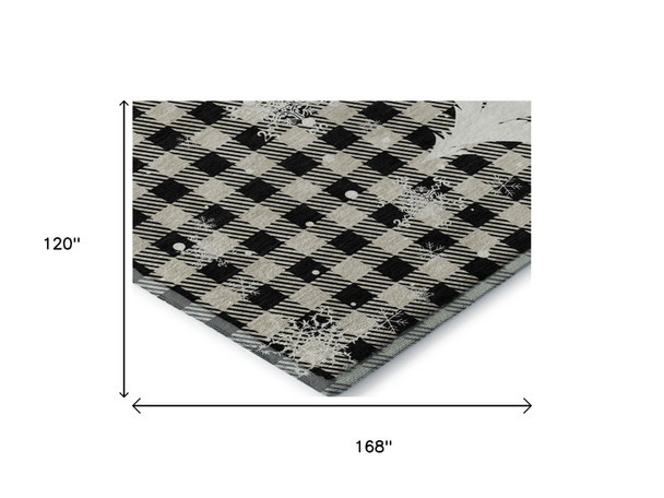 10' X 14' Taupe Black And Ivory Gingham Washable Area Rug With UV Protection