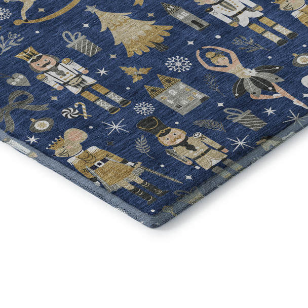 5' X 8' Navy Blue Gold And Gray Floral Washable Area Rug With UV Protection