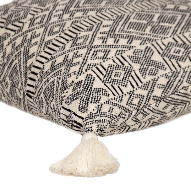 20" x 20" Black and Cream Bohemian Pattern Square Accent Throw Pillow with Tassel