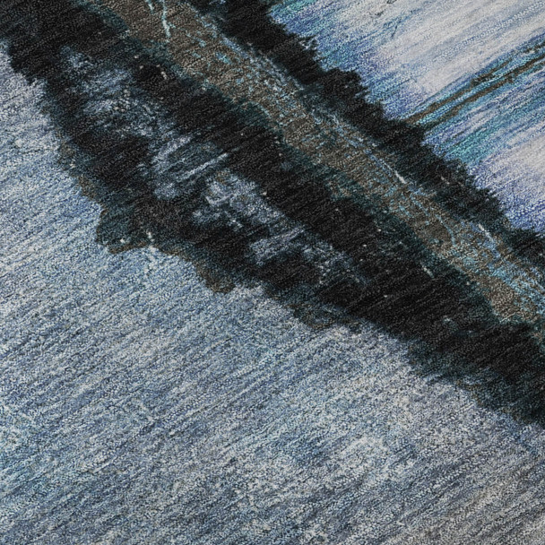 8' Blue And Charcoal Abstract Washable Round Rug With UV Protection