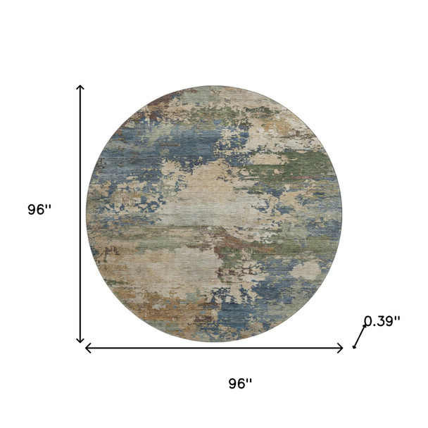 8' Blue And Beige Abstract Washable Round Rug With UV Protection