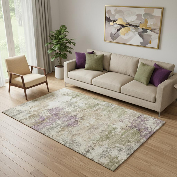 5' X 8' Beige And Purple Abstract Washable Area Rug With UV Protection
