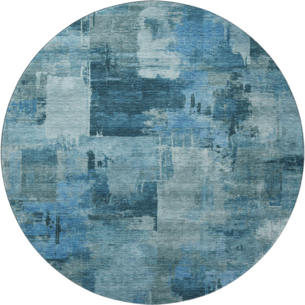 8' Blue And Denim Blue Abstract Washable Round Rug With UV Protection