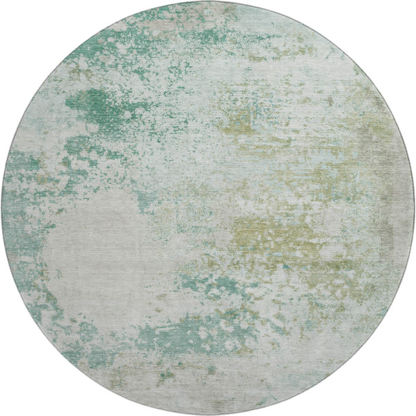 8' Light Taupe And Teal Abstract Washable Round Rug With UV Protection