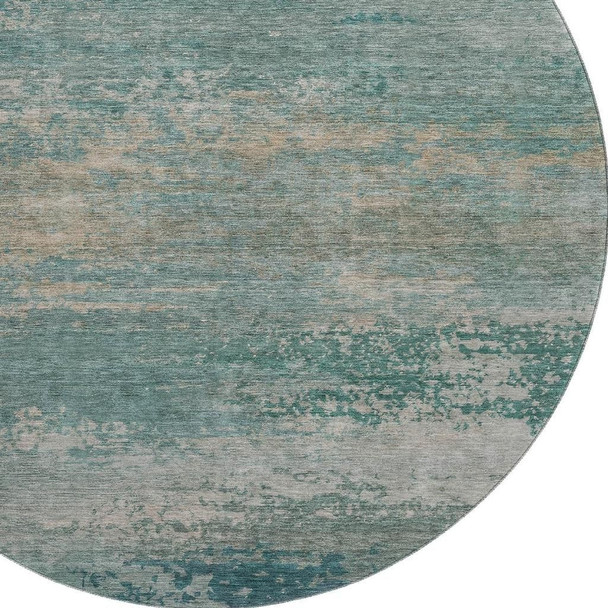 8' Aqua And Beige Abstract Washable Round Rug With UV Protection