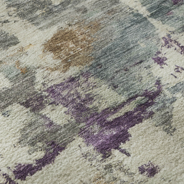 8' Linen And Purple Abstract Washable Round Rug With UV Protection