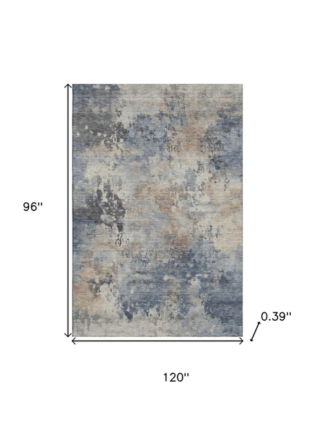 8' X 10' Denim Blue And Beige Abstract Washable Area Rug With UV Protection