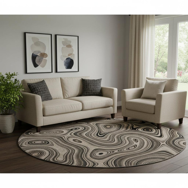 8' Beige And Charcoal Geometric Washable Round Rug With UV Protection