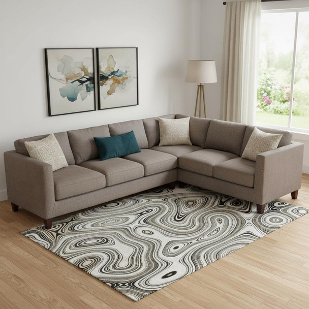 8' X 10' Ivory And Charcoal Geometric Washable Area Rug With UV Protection