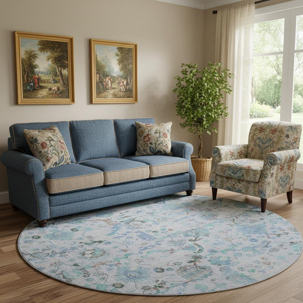 8' Blue And Ivory Patchwork Washable Round Rug With UV Protection