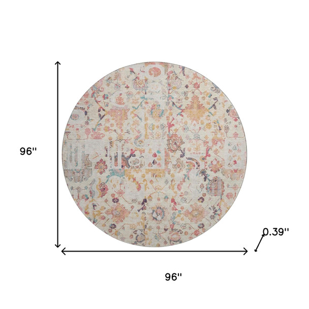 8' Pink And Ivory Patchwork Washable Round Rug With UV Protection