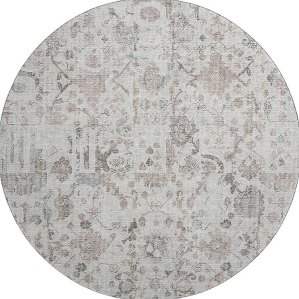 8' Taupe And Ivory Patchwork Washable Round Rug With UV Protection