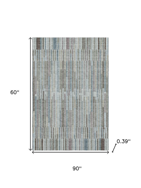 5' X 8' Teal And Brown Striped Washable Area Rug With UV Protection