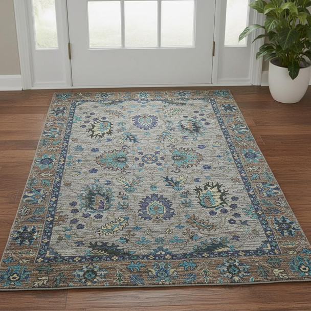 3' X 5' Pewter And Teal Oriental Washable Area Rug With UV Protection