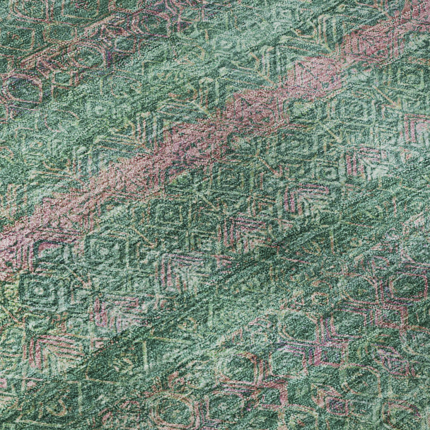 8' Green And Blush Striped Washable Round Rug With UV Protection