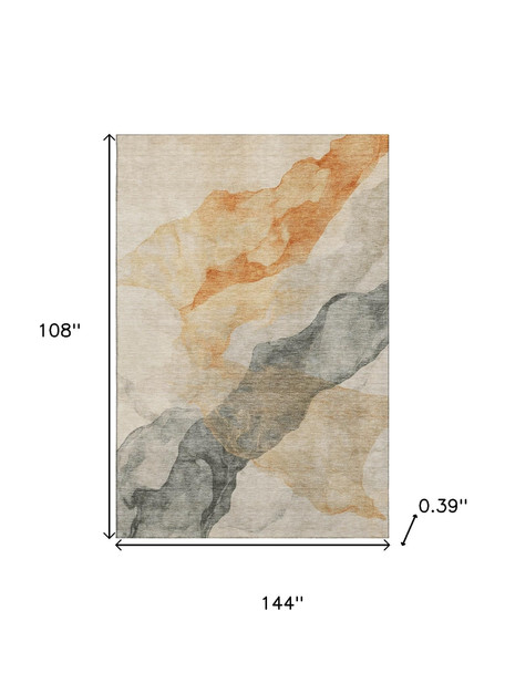 9' X 12' Orange And Gray Abstract Washable Area Rug With UV Protection