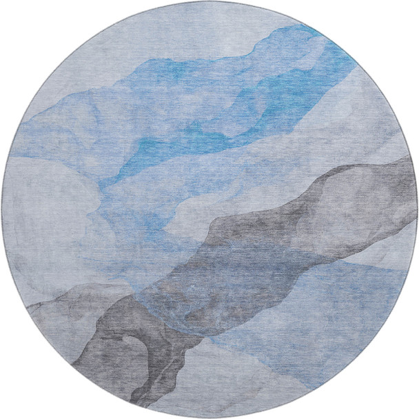 8' Sky Blue And Gray Abstract Washable Round Rug With UV Protection