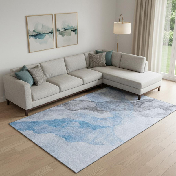 10' X 14' Sky Blue And Gray Abstract Washable Area Rug With UV Protection