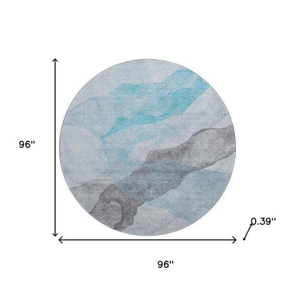 8' Teal And Gray Abstract Washable Round Rug With UV Protection