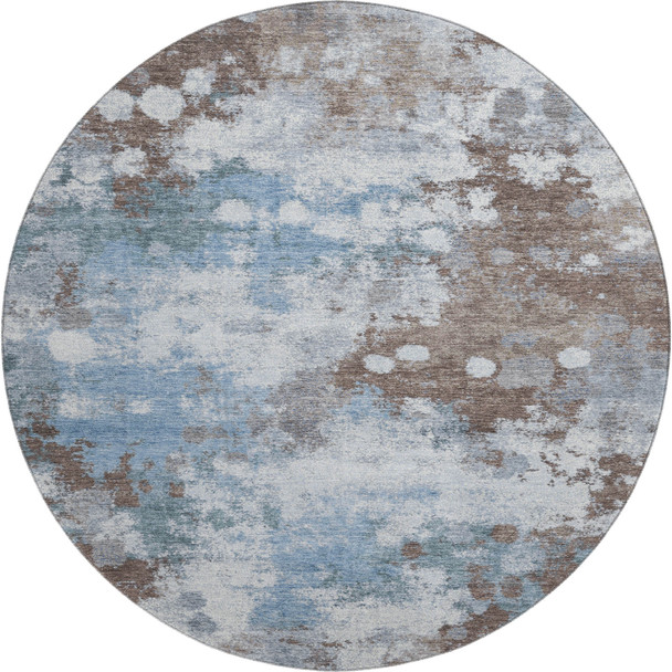 8' Brown And Blue Abstract Washable Round Rug With UV Protection