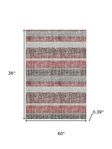 3' X 5' Burgundy And Gray Striped Washable Area Rug With UV Protection