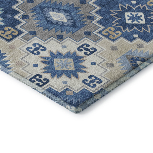 5' X 8' Blue And Beige Geometric Washable Area Rug With UV Protection