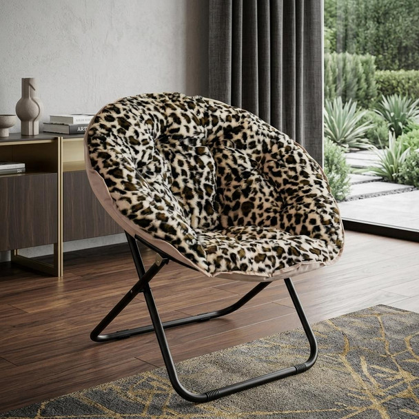33" Beige Brown And Tufted Faux Fur and Metal Leopard Folding Lounge Chair