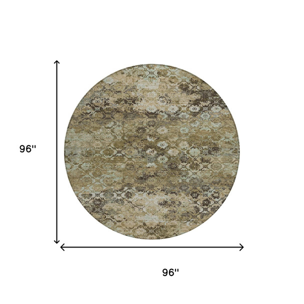 8' Khaki And Olive Green Round Abstract Washable Indoor Outdoor Area Rug