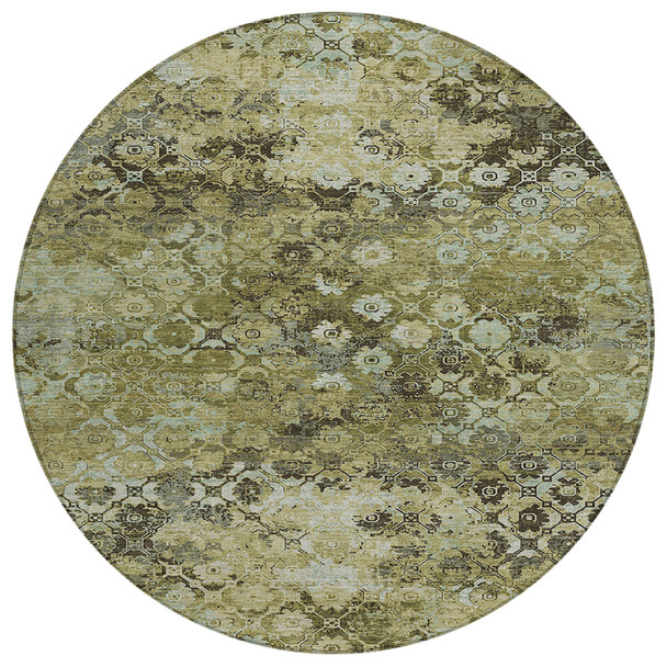 8' Olive Green And Mint Green Round Abstract Washable Indoor Outdoor Area Rug