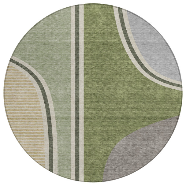 8' Olive Green And Fern Green Round Geometric Washable Indoor Outdoor Area Rug