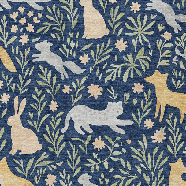 8' X 10' Navy Blue And Gold Botanical Leaves Washable Indoor Outdoor Area Rug