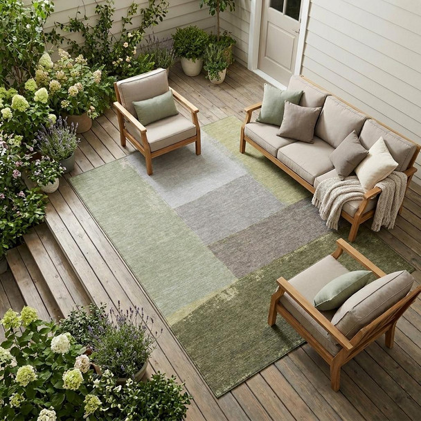 8' X 10' Olive Green And Fern Green Geometric Washable Indoor Outdoor Area Rug