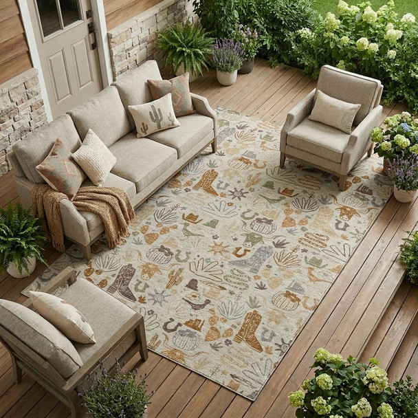 9' X 12' Beige And Copper Cactus Washable Indoor Outdoor Area Rug