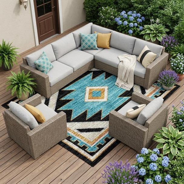 9' X 12' Black And Taupe Southwestern Washable Indoor Outdoor Area Rug