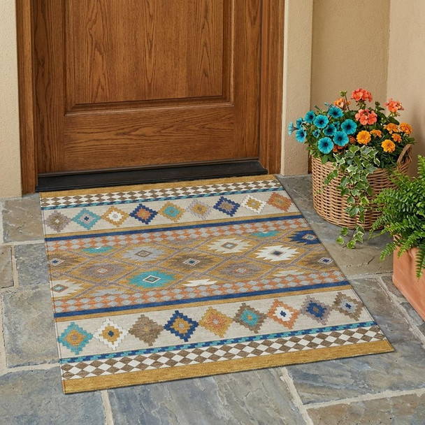 3' X 5' Gold And Brown Southwestern Washable Indoor Outdoor Area Rug