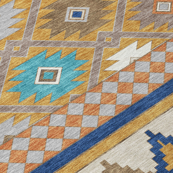 8' Gold And Brown Round Southwestern Washable Indoor Outdoor Area Rug